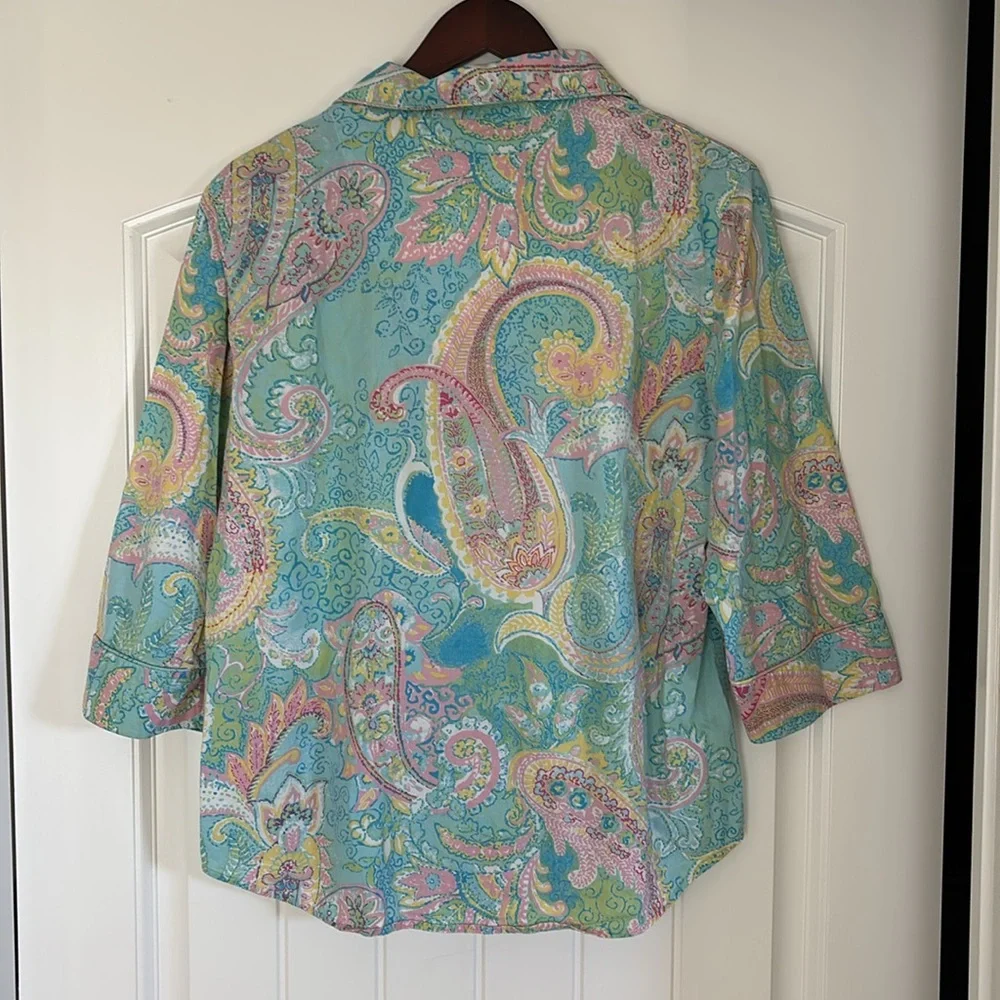 Vintage‎ Ralph Lauren Blue Pink Floral Monogram 3/4 Sleeve Pajama Top Women’s XL